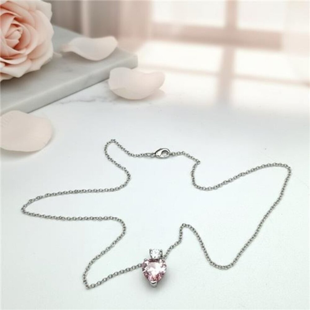 NVC Nataliya V Collister Pink Heart Cubic Zirconia Necklace Silver Tone 17 In